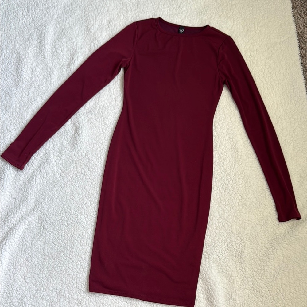 Red Ribbed Long Sleeve Sheath Dress for Cocktail